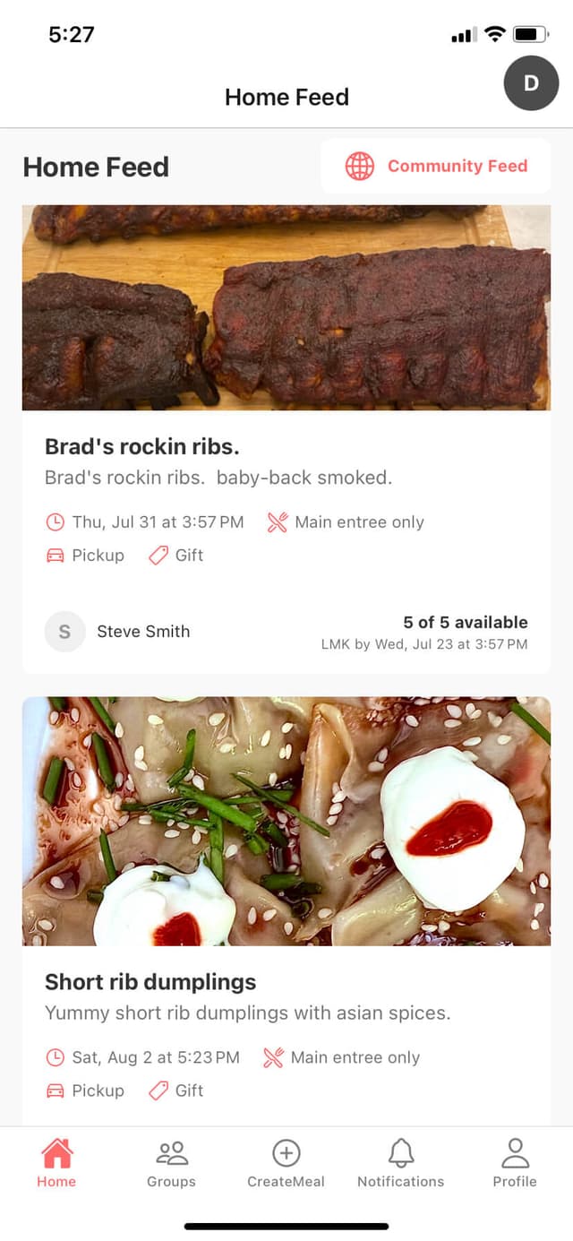 HWIH app home feed showing shared meals from neighbors