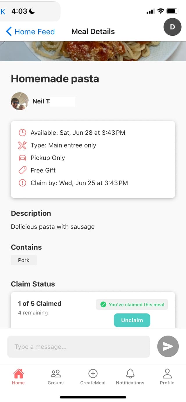 HWIH app meal details screen showing pickup information and claiming options