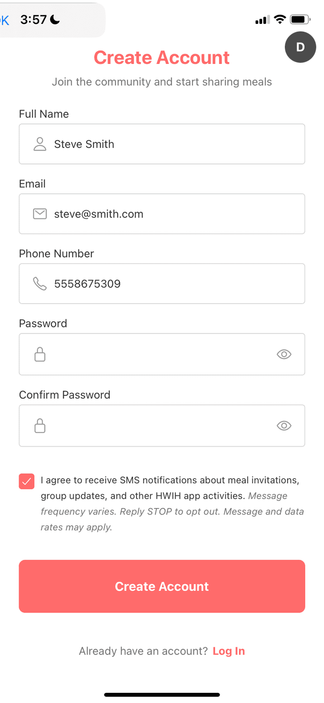 HWIH app registration screen showing SMS consent checkbox